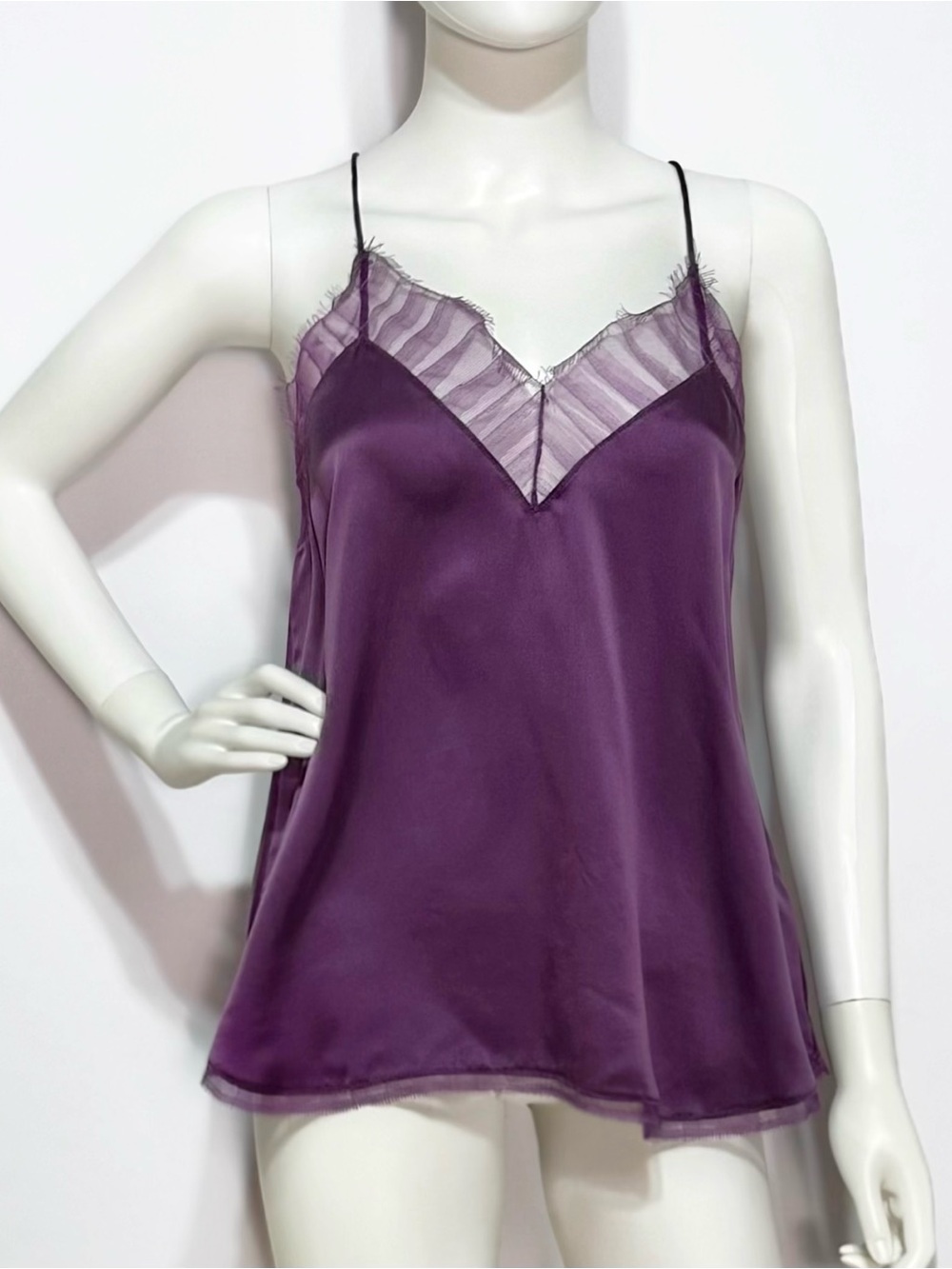 NWOT IRO Purple 100% silk camisole top with lace details in Size 36/S
